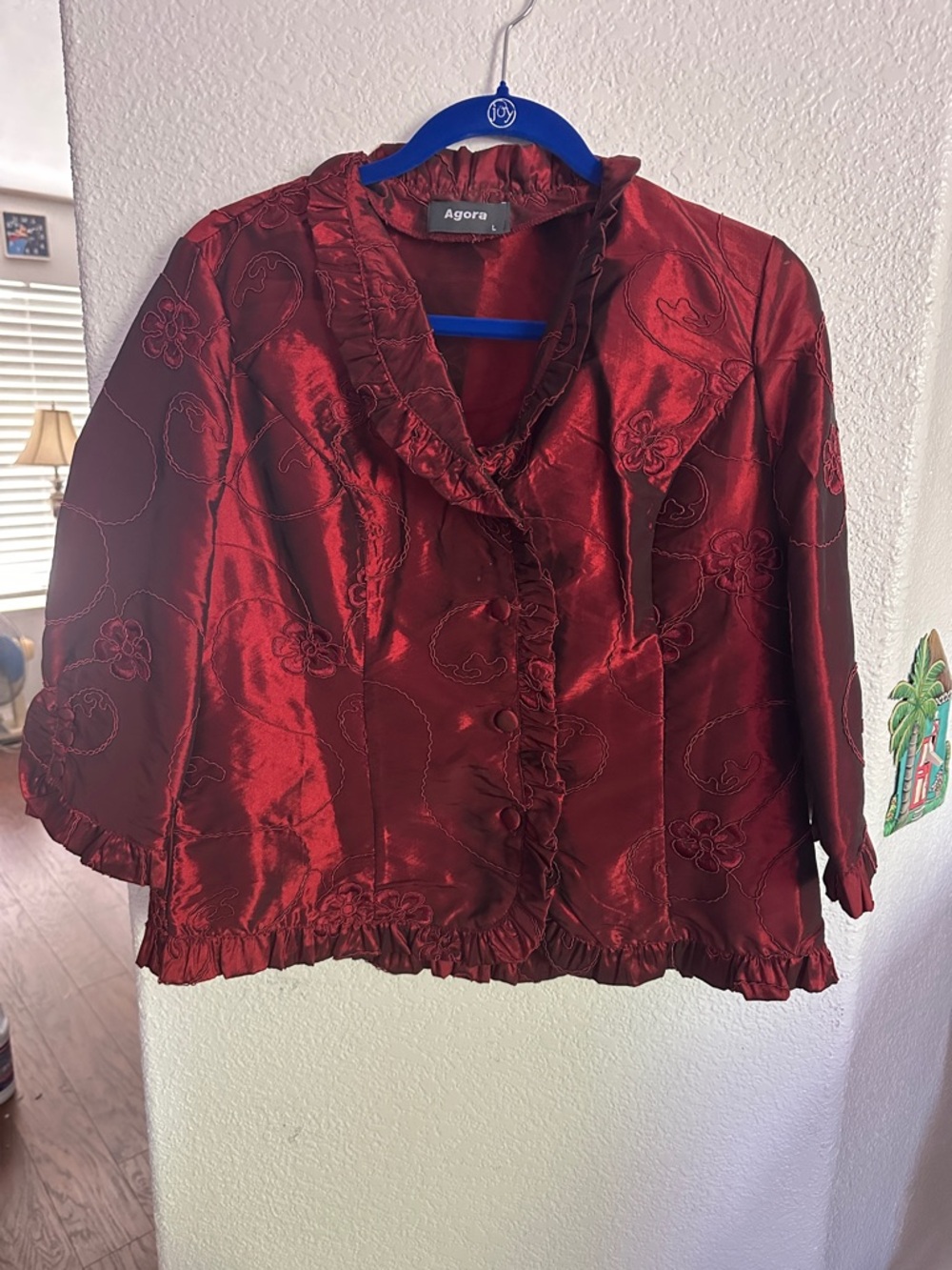Agora Women's Deep Red Satin Ruffle-Trim Blouse size Large